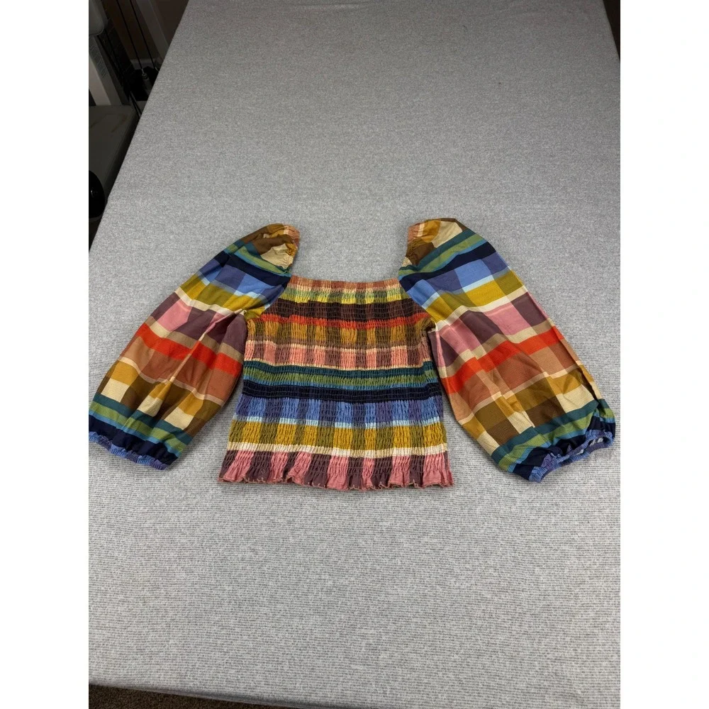 Farm Rio Rainbow Plaid Smocked Puff Sleeve Cotton Top Square Neck Multi Color